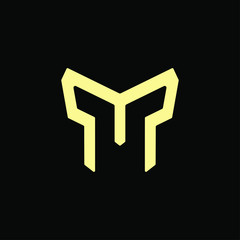 Initial letter M P logo template with spartan helmet line art symbol in flat design monogram illustration