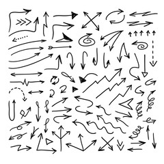 Set of hand drawn object for design use. Black doodle arrows on white background. Abstract pen drawing. Vector art illustration