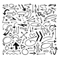 Set of hand drawn object for design use. Black doodle arrows on white background. Abstract pen drawing. Vector art illustration