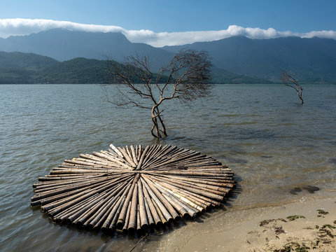 Landscape in Vietnam with mountains, sea, sun and traditional attributes