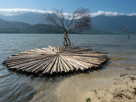 Landscape in Vietnam with mountains, sea, sun and traditional attributes