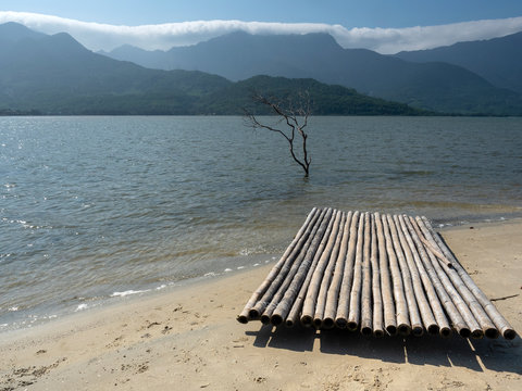 Landscape in Vietnam with mountains, sea, sun and traditional attributes