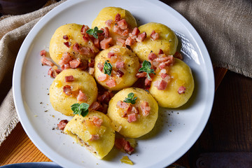 Polish dumplings with meat and mushroom sauerkraut filling