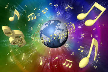 Pentagramma musicale ruota attorno al mondo. Sullo sfondo l'universo costellato di note musicali..