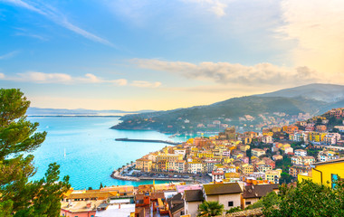 Porto Santo Stefano village, church and castle aerial view. Argentario, Tuscany, Italy