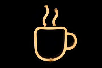 White mug of tea or coffee neon sign on isolated black background. Neon concept. Modern style. Neon sign.