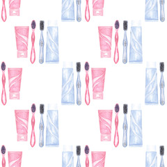 Watercolor seamless pattern on the theme of dentistry. Elements of dental care