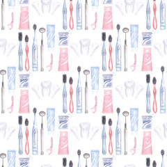 Fototapeta na wymiar Watercolor seamless pattern on the theme of dentistry. Elements of dental care