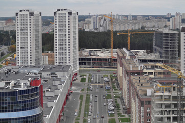 Fototapeta na wymiar Aerial view of Minsk city under construction. National Library area. Belarus