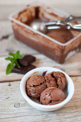 White bowl with three balls of homemade chocolate ice cream on a wooden table