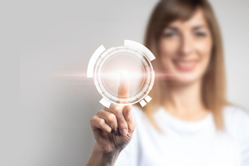 young girl points a finger at a halargamma, an icon is added on a light background. Banner. Future...