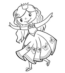 princess girl having fun in a lush dress crown vector coloring baby page illustration outline stroke character isolate