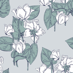 Cyclymen Flowers Seamless Pattern. Hand Drawn Illustration.