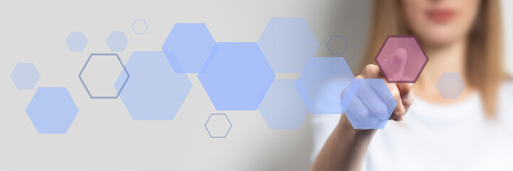 young girl points a finger, added blue icons on a light background. Banner. Concept digital...
