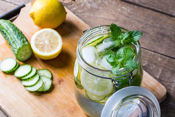 Fresh water with lemon, mint and cucumber.