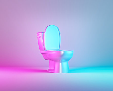 toilet bowl isolated in vibrant gradient holographic neon colors. minimal design. 3d rendering