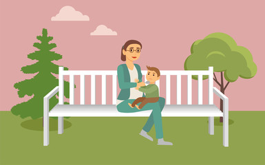 Obraz na płótnie Canvas Pregnant female character taking care of son. Woman holding spoon giving food to angry child. Lady sitting on wooden bench with irritated kiddo. Nature with trees and bushes, vector in flat style