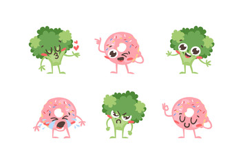 Cartoon drawing set of emoji. Hand drawn emotional meal.Actual Vector illustration broccoli and pink donut. Creative ink art work fast food