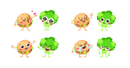 Fototapeta premium Cartoon drawing set of emoji. Hand drawn emotional meal.Actual Vector illustration broccoli and burger. Creative ink art work fast food