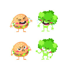 Cartoon drawing set of emoji. Hand drawn emotional meal.Actual Vector illustration broccoli and burger. Creative ink art work fast food