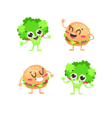 Cartoon drawing set of emoji. Hand drawn emotional meal.Actual Vector illustration broccoli and burger. Creative ink art work fast food