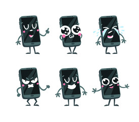 Cartoon drawing set of gadget  emoji. Hand drawn emotional phone.Actual Vector illustration character. Creative ink art work