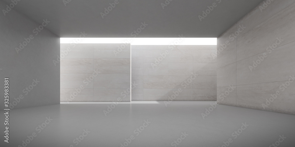 Poster Abstract of architecture space with rhythm of concrete block with sun light cast shadow on the wall. Cement texture. 3D rendering.