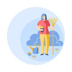 vector woman gardering with rake and watering pot modern cartoon people illustration