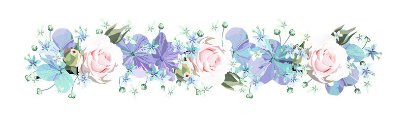 Decorative Floral border with softness roses and purple flowers with buds and small light blue florets on white background. Isolated Ornate element for design, card, decoration.