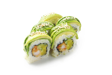 Avocado sushi, tempura shrimp roll, cucumber and mushrooms. Sushi on a white background
