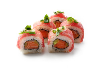 Sushi with tuna and salmon. Rolls wrapped in rice. Traditional Japanese sushi on a white background.