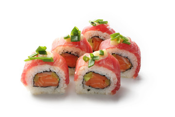 Sushi with tuna and salmon. Rolls wrapped in rice. Traditional Japanese sushi on a white background.