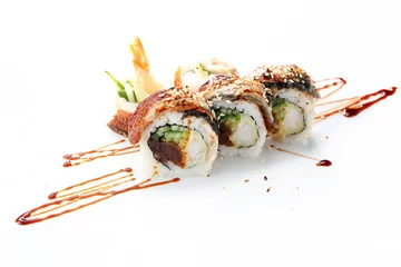 Poster Uramaki sushi with tuna, shrimp, cucumber and gourd. Traditional sushi rolls on a white background. © foodandcook