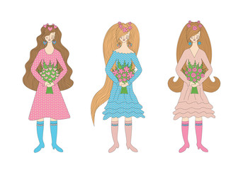 Girls in dresses with long hair and bouquets of flowers in their hands and wreaths on their heads.
