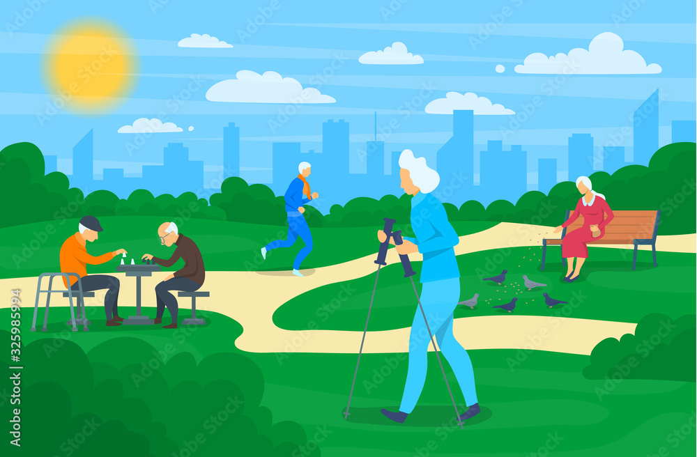 Poster Cartoon Color Elderly Characters People Activities Concept. Vector