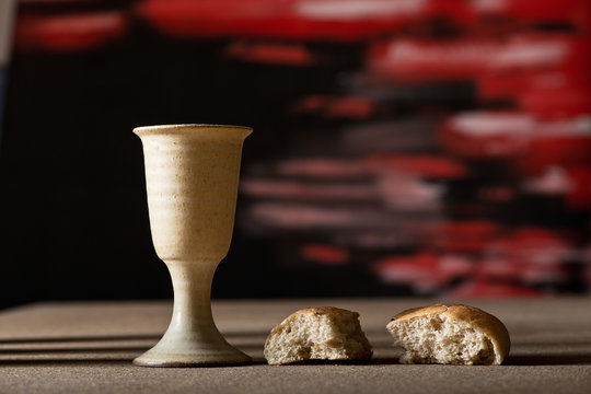 Still life with chalice of wine and bread