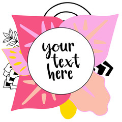 Obraz premium Abstract tropic collage with copy space for logo, greeting text, title. Background of tropical leaves and doodles. Banner with pink yellow colors and hand drawn floral elements. Vector