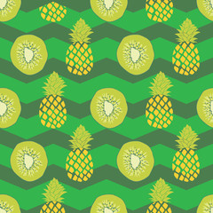 Seamless fruits pattern with kiwi and pineapple on green chevron background