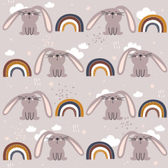 Happy bunnies, hand drawn backdrop. Colorful seamless pattern with animals, sky. Decorative cute wallpaper, good for printing. Overlapping background vector, rabbits
