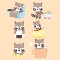 Set of cute raccoon character