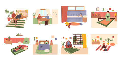 Set of men and women spending time online 