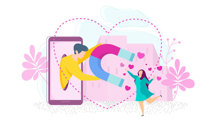 Man attracts a girl from a phone screen with a magnet.