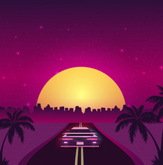 Retro future, 80s style Sci-Fi Background. Futuristic car.