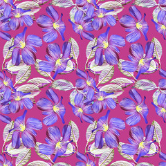 Purple flowers seamless pattern, watercolor illustration.