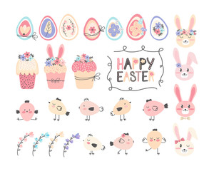 Obraz na płótnie Canvas Collection of cute easter cartoon characters and spring decorative elements - bunnies, eggs, chickens, Easter bread, cake, blooming flowers isolated on white background. Flat vector illustration
