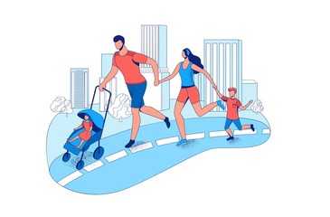 Family running marathon together in the city, parents and children take part in race outdoors, cartoon vector flat illustration with people jogging