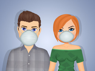 illustration of couple with protective mask for coronavirus