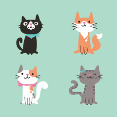 Set of different cartoon cats.Four lovely kittens sitting together.Hand drawn pets.Vector flat cartoon illustration isolated on blu background.Template design.