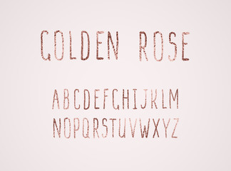 Gold rose foil texture metallic Alphabet letters isolated on pink background. Golden glossy set of uppercase Font. Vector typography metal luxury text..
