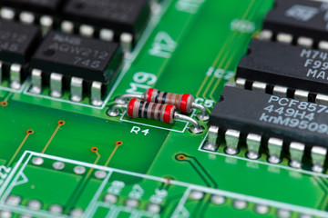 Microprocessor, microchip, green electrical circuit.